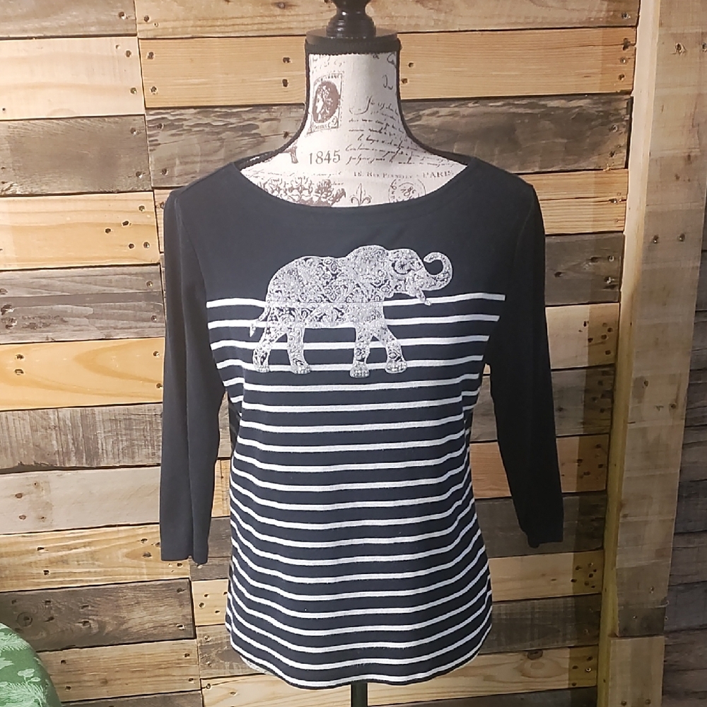 Karen Scott Navy Elephant Print Long Sleeve Tee